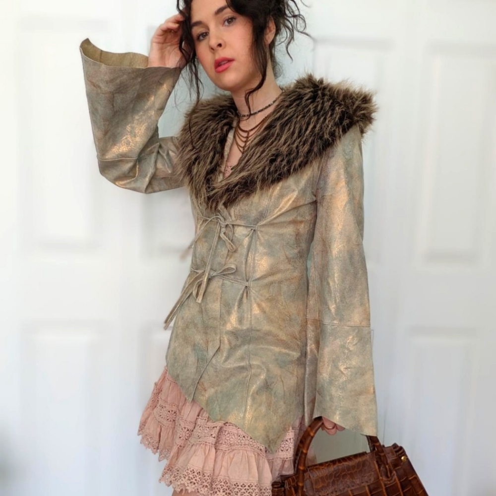 Iridescent Fur trim leather jacket